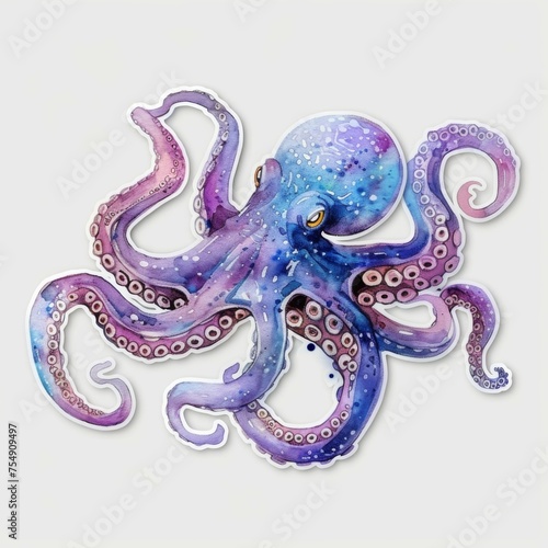 Octopus, cosmos colors, watercolor, for design, 3d sticker. 