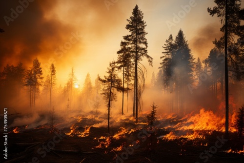 Devastating wildfire ravaging dense forest  environmental havoc and ecological threat