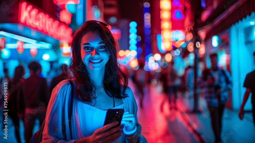 Fototapeta premium Beautiful Young Woman Using Smartphone Walking Through Night City Street Full of Neon Light. Portrait of Gorgeous Smiling Female Using Mobile Phone.