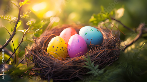 Easter eggs on green grass on a sunny day