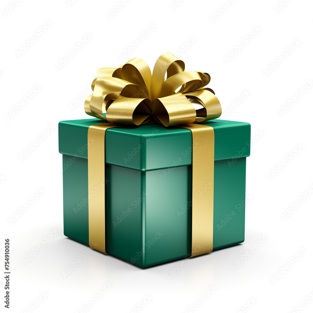 green gift box with gold bow on white background сreated with Generative Ai green gift box with gold bow on white background сreated with Generative Ai