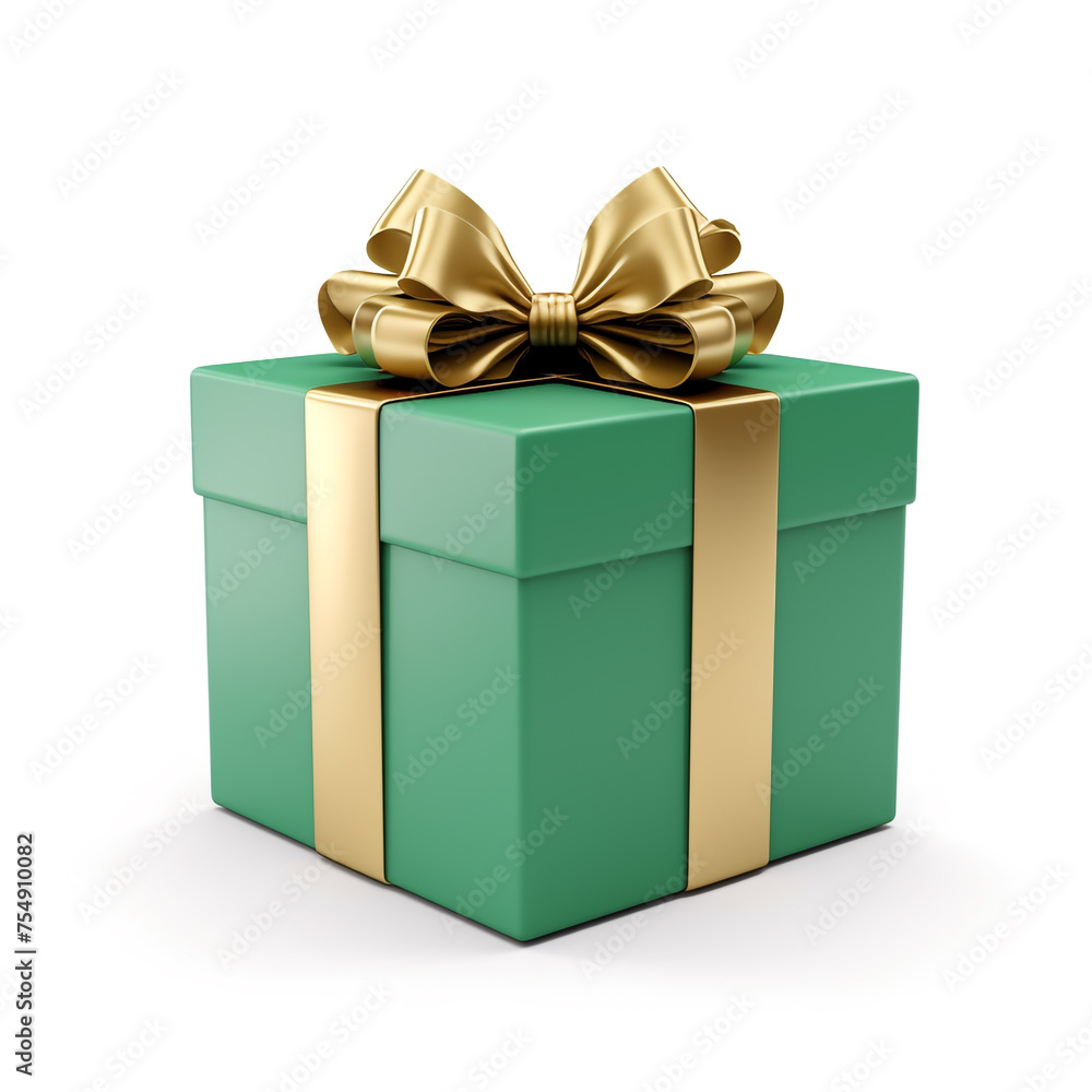 green gift box with gold bow on white background сreated with Generative Ai green gift box with gold bow on white background сreated with Generative Ai