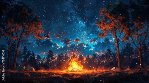 People Sitting Around Campfire Under Starry Night Sky