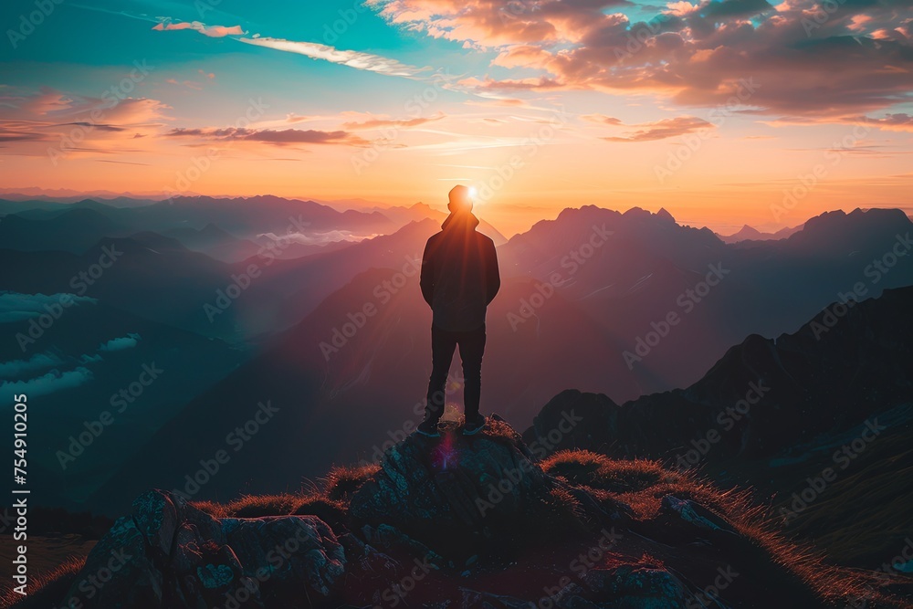 A silhouette of a person standing on a mountain peak, observing the sunset. Generative AI