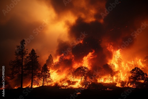 Devastating wildfire in dense forest, posing ecological threat and wreaking havoc on environment