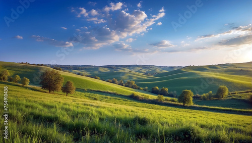 Beautiful countryside in Ukraine Europe Summertime nature photo of lush green pastures and clear blue sky