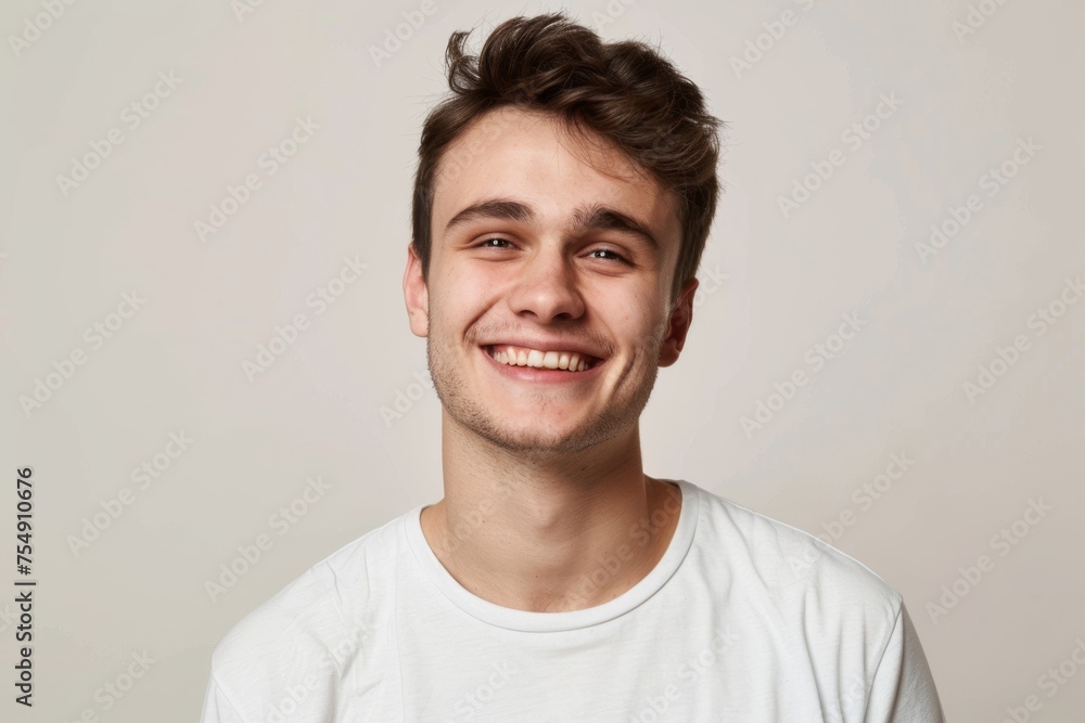 Joyful young man smiling widely in a white t-shirt, on a gray background. Suitable for fashion and positive emotion themes. Joyful young man smiling widely in a white t-shirt, on a gray background. Suitable for fashion and positive emotion themes.