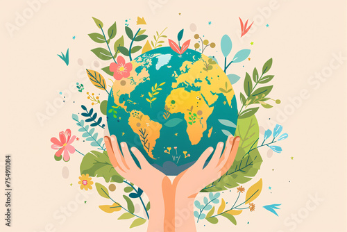 Illustration of hands holding planet earth globe with flowers and leaves in beige background