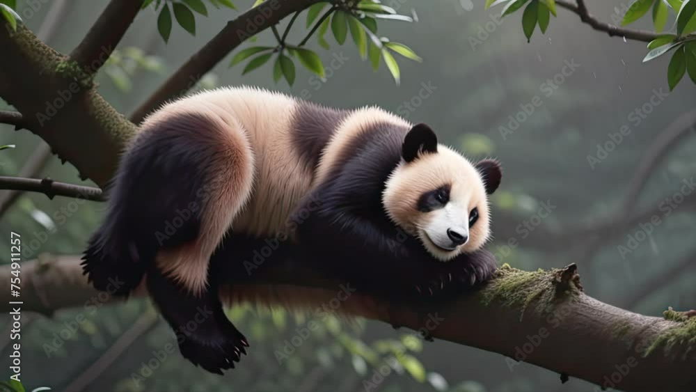 Lazy panda bear sleeping on tree branch. Generative AI Lazy panda bear sleeping on tree branch. Generative AI