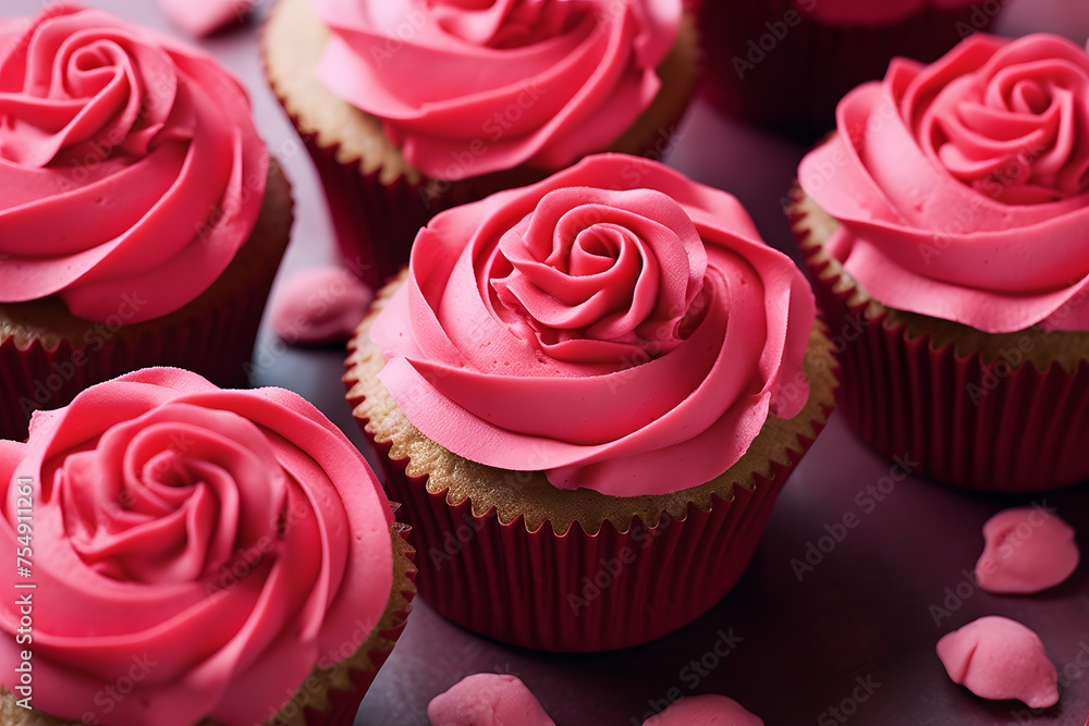 Close up of romantic cupcakes with pink buttercream shaped like a rose Close up of romantic cupcakes with pink buttercream shaped like a rose