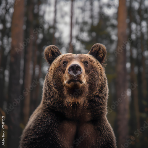 Majestic Brown Bear Standing Tall in a Dense Forest During Autumn. AI.