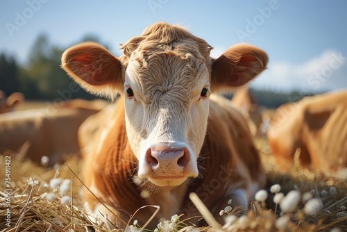 Close-up of a curious cow in a field.