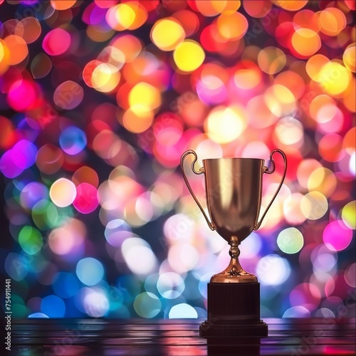 Trophy positioned in the foreground against a background filled with colorful bokeh