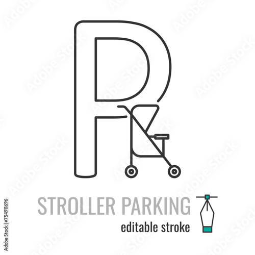 Parking for baby stroller line icon.Pram parking symbol. Place for strollers outline vector icon.Linear style sign for mobile concept and web design. Symbol, logo illustration EPS 10. Editable stroke
