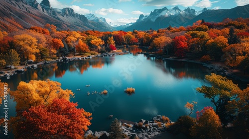 Majestic autumn landscape with a serene lake surrounded by colorful trees and mountain peaks