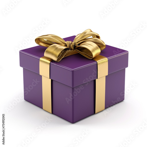 Purple gift box with gold bow on white background сreated with Generative Ai © Andrii Yablonskyi