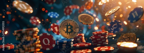 Casino advertising concept with falling golden poker chips and Bitcoin photo