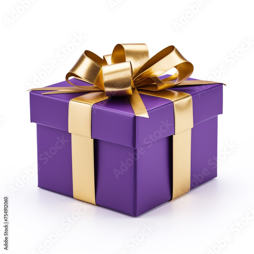 Purple gift box with gold bow on white background сreated with Generative Ai