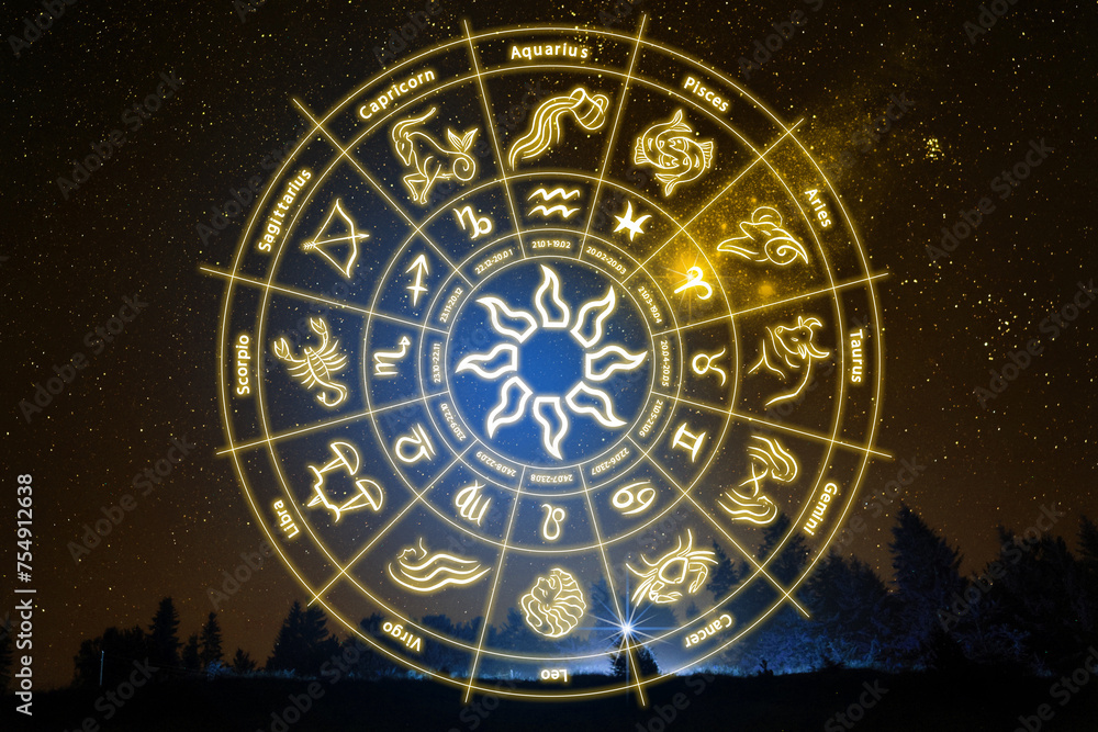 Zodiac wheel showing 12 signs against night sky