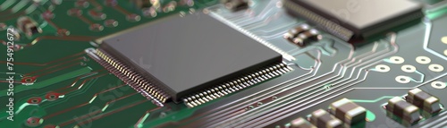Glossy microchip surfaces on a matte PCB contrasting textures for visually rich backgrounds
