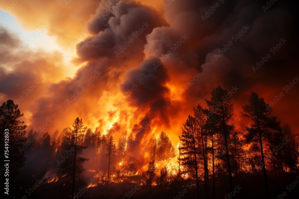 Devastating wildfire ravaging dense forest, causing grave ecological threat and environmental havoc