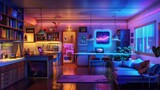 A smart home illuminated by neon where semiconductors in circuit boards control everything from lighting to temperature seamlessly