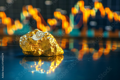 A large, radiant gold nugget sits on a reflective surface, with colorful bokeh lights in the background, highlighting the allure of precious metals.