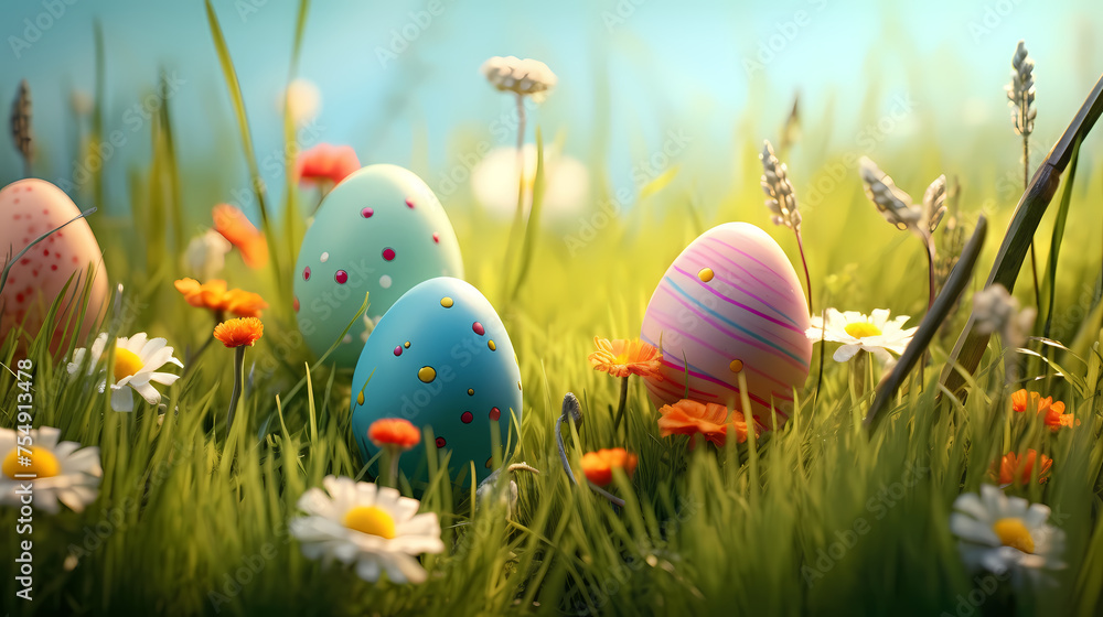 Easter eggs on green grass on a sunny day Easter eggs on green grass on a sunny day