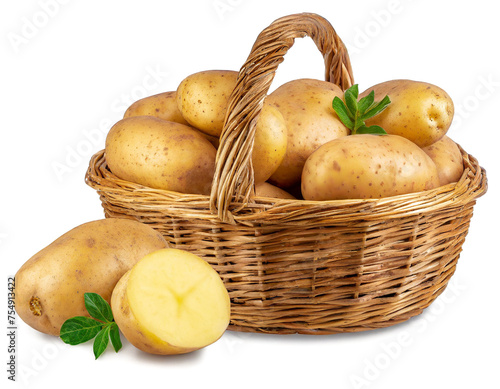 Basket with potatoes isolated on white background, cut out