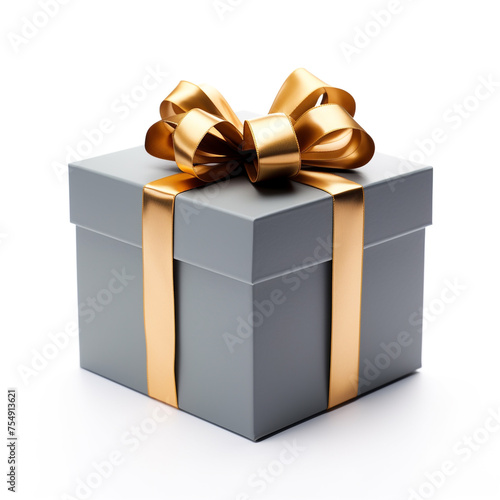 gray gift box with gold bow on white background сreated with Generative Ai © Andrii Yablonskyi