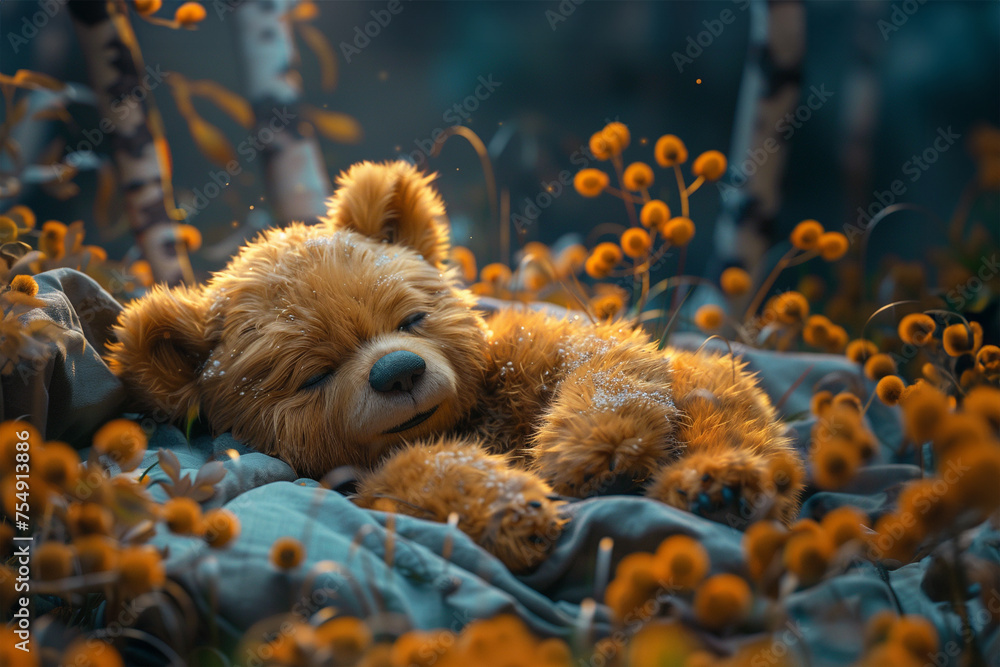 Cute little bear sleeping among yellow flowers, spring is coming concept Cute little bear sleeping among yellow flowers, spring is coming concept