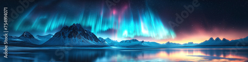 panorama with northern lights in the night starry sky over lake with mountains in winter
