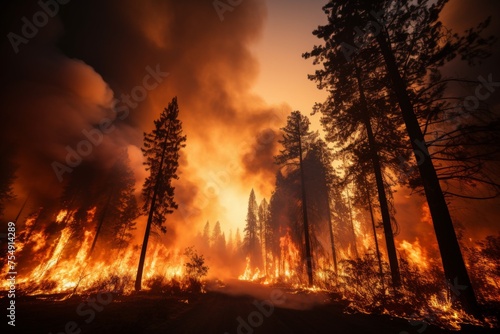 Devastating wildfire in dense forest, poses environmental havoc and ecological threat