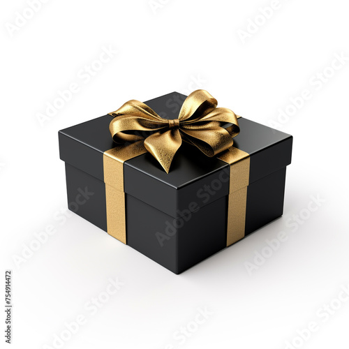 black gift box with gold bow on white background сreated with Generative Ai © Andrii Yablonskyi