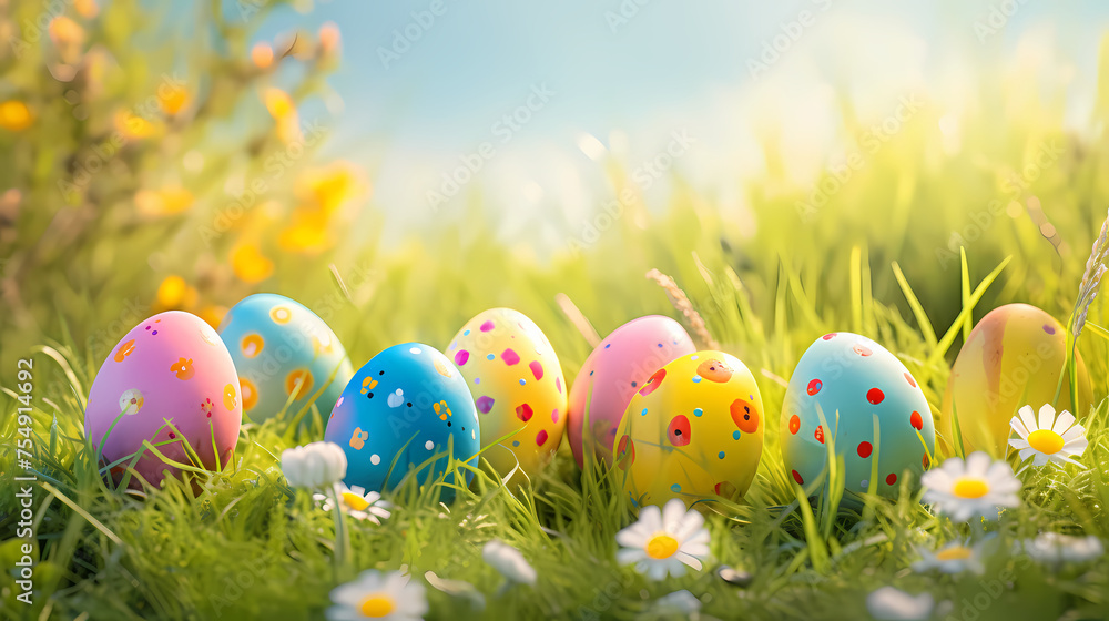 Easter eggs on green grass on a sunny day Easter eggs on green grass on a sunny day