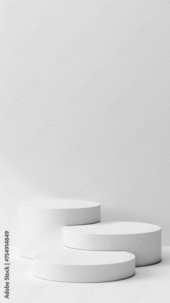 White cylindrical podiums in a minimalist setting with elegant shadow play, ideal for product display and contemporary design. White cylindrical podiums in a minimalist setting with elegant shadow play, ideal for product display and contemporary design.