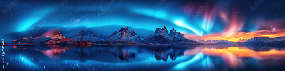 panorama with northern lights in night starry sky over a lake with mountains. Colorful aurora borealis