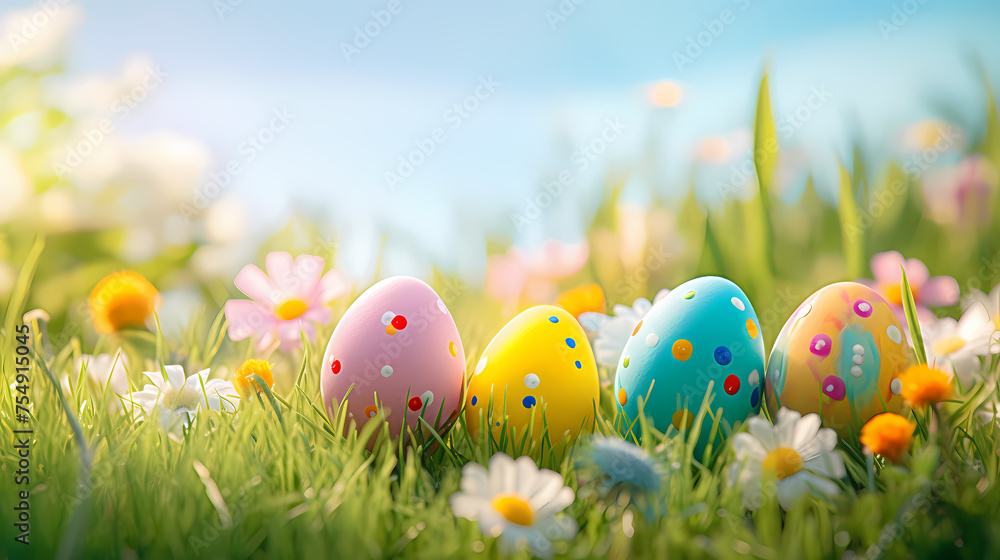 Easter eggs on green grass on a sunny day Easter eggs on green grass on a sunny day