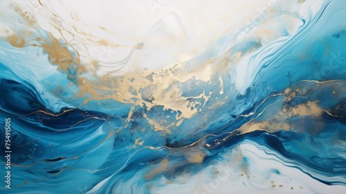 Abstract background with liquid delicate blue watercolor on white, golden lines, streaks. Creative drawing with alcohol ink, smooth mesmerizing lines, waves.