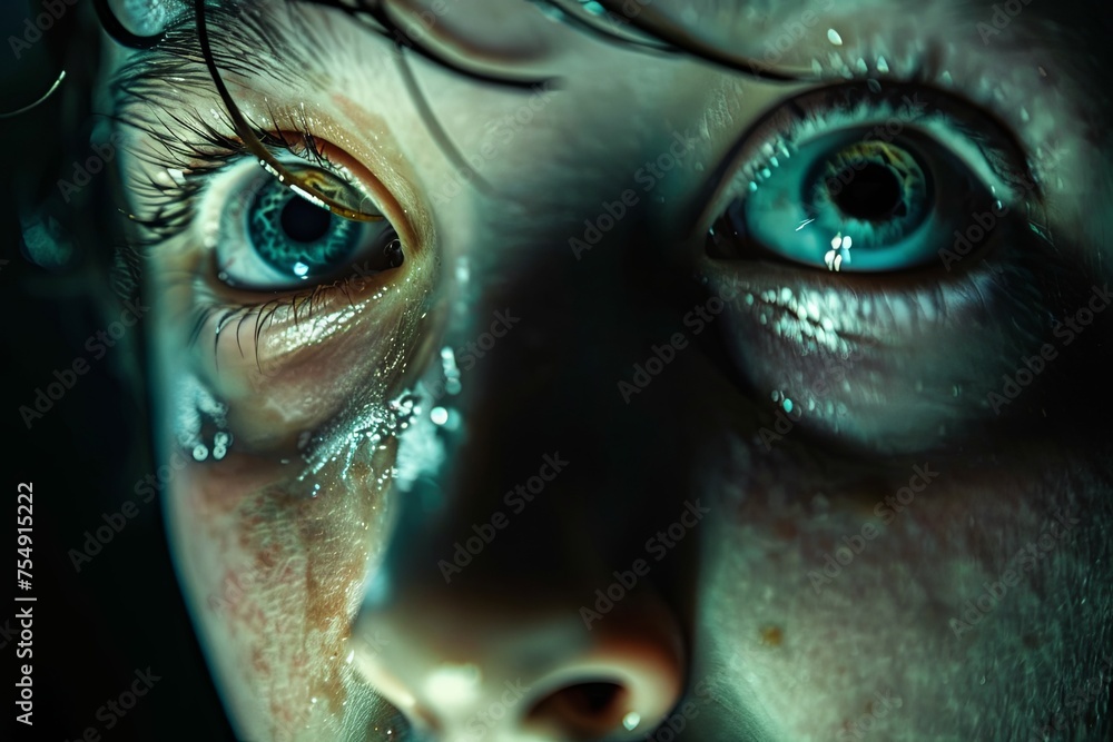 A close-up view of a childs face, focusing on their wide blue eyes. Generative AI A close-up view of a childs face, focusing on their wide blue eyes. Generative AI