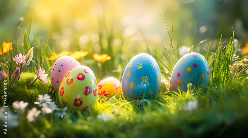Easter eggs on green grass on a sunny day Easter eggs on green grass on a sunny day