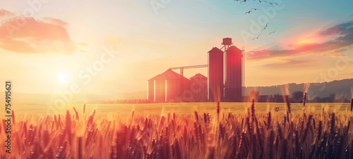 barley field. Storage of agricultural products. elevator and wheat field. generative ai photo