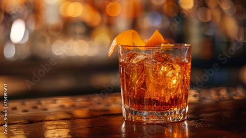 Old Fashioned cocktail on bar background. Glass of alcoholic drink
