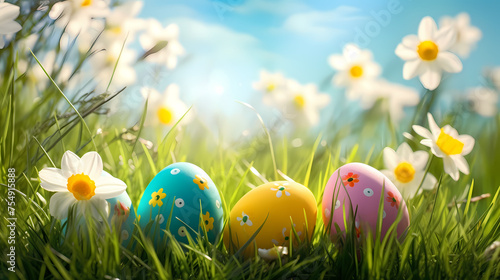 Easter eggs on green grass on a sunny day