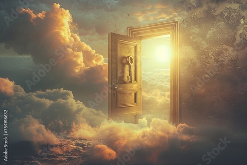 An open door suspended in the sky surrounded by clouds, symbolizing imagination and exploration. Generative AI photo