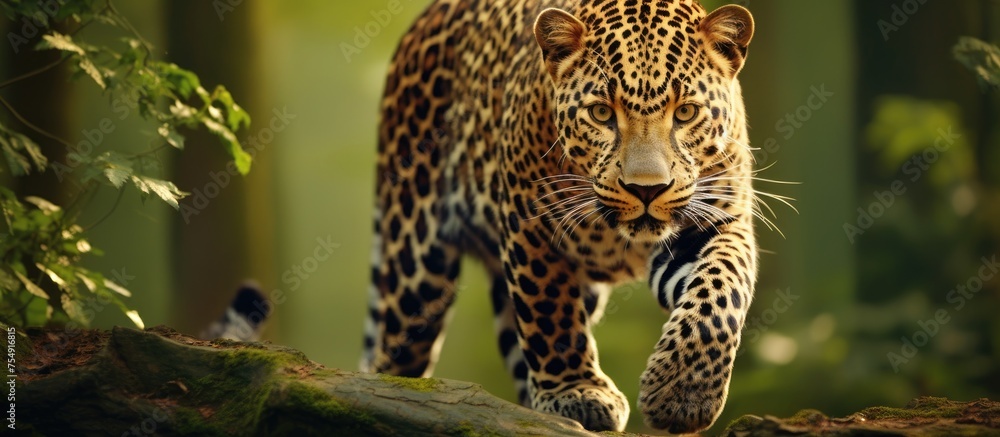 Naklejka premium A Felidae or big cats species known as the Leopard with distinct whiskers and spotted hair is a terrestrial carnivore walking across a rock in the woods