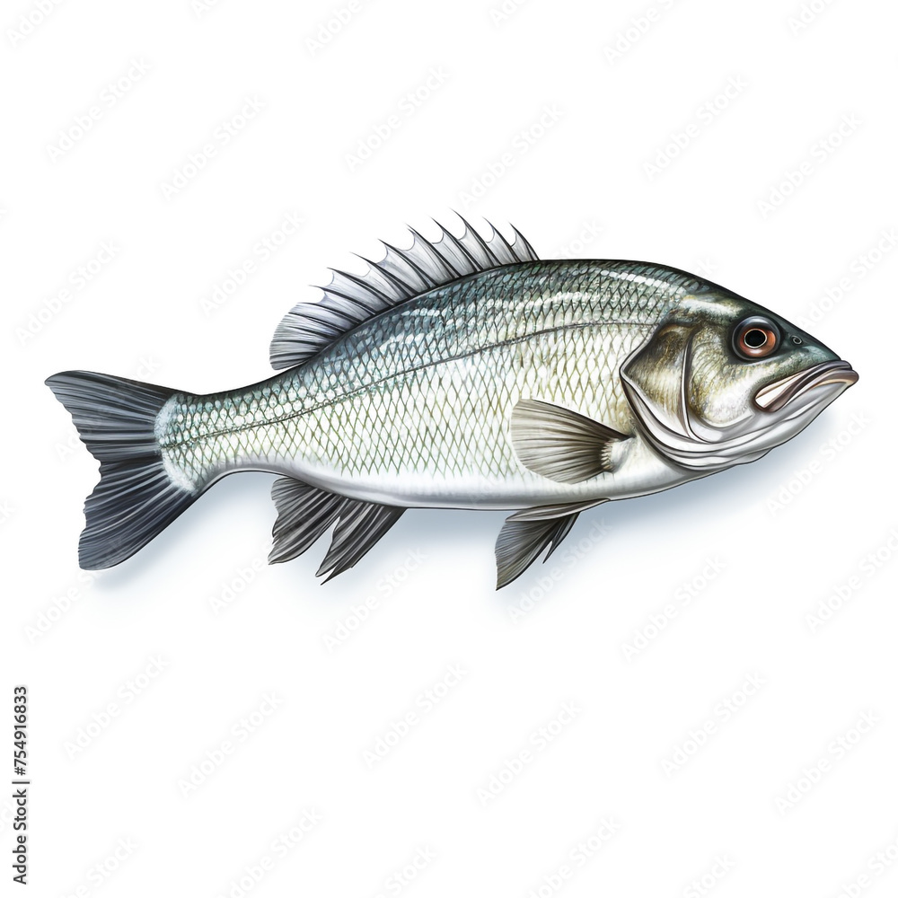 Fototapeta premium Sea bass fish on white background сreated with Generative Ai