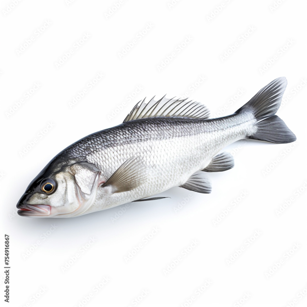 Fototapeta premium Sea bass fish on white background сreated with Generative Ai