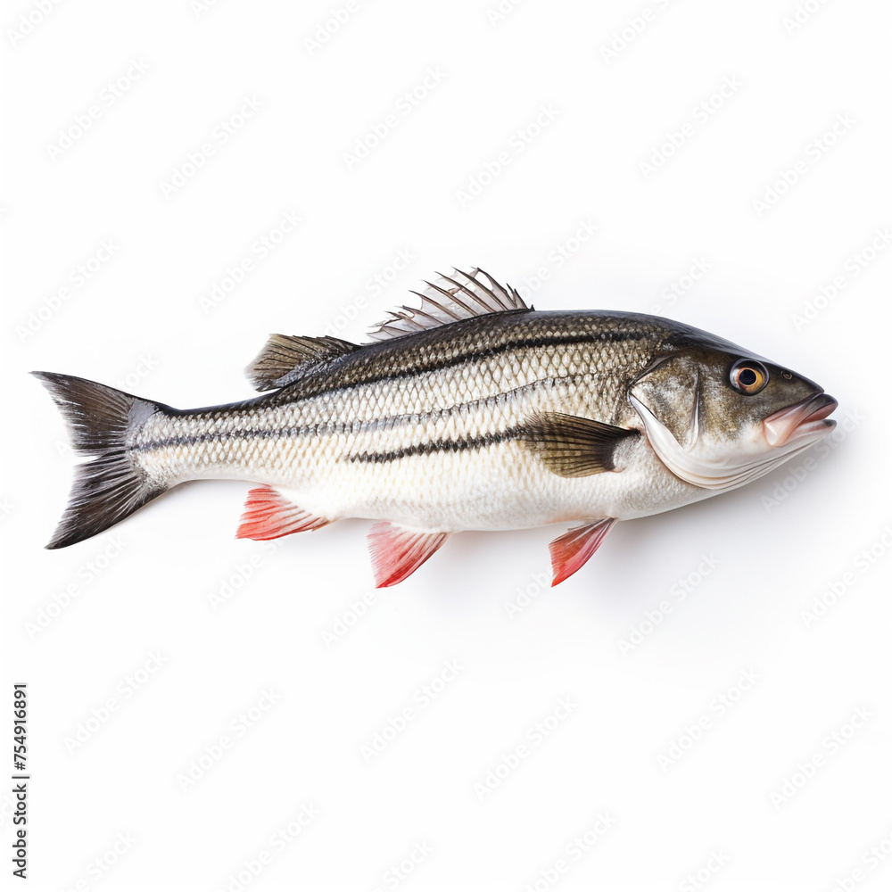 Obraz premium Sea bass fish on white background сreated with Generative Ai