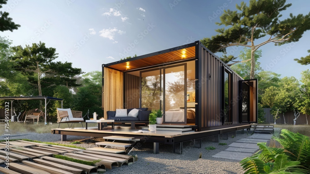 Explore eco-friendly living with a modern, shipping container tiny house, beautifully decorated, perfect for sustainable accommodation or a unique holiday home.